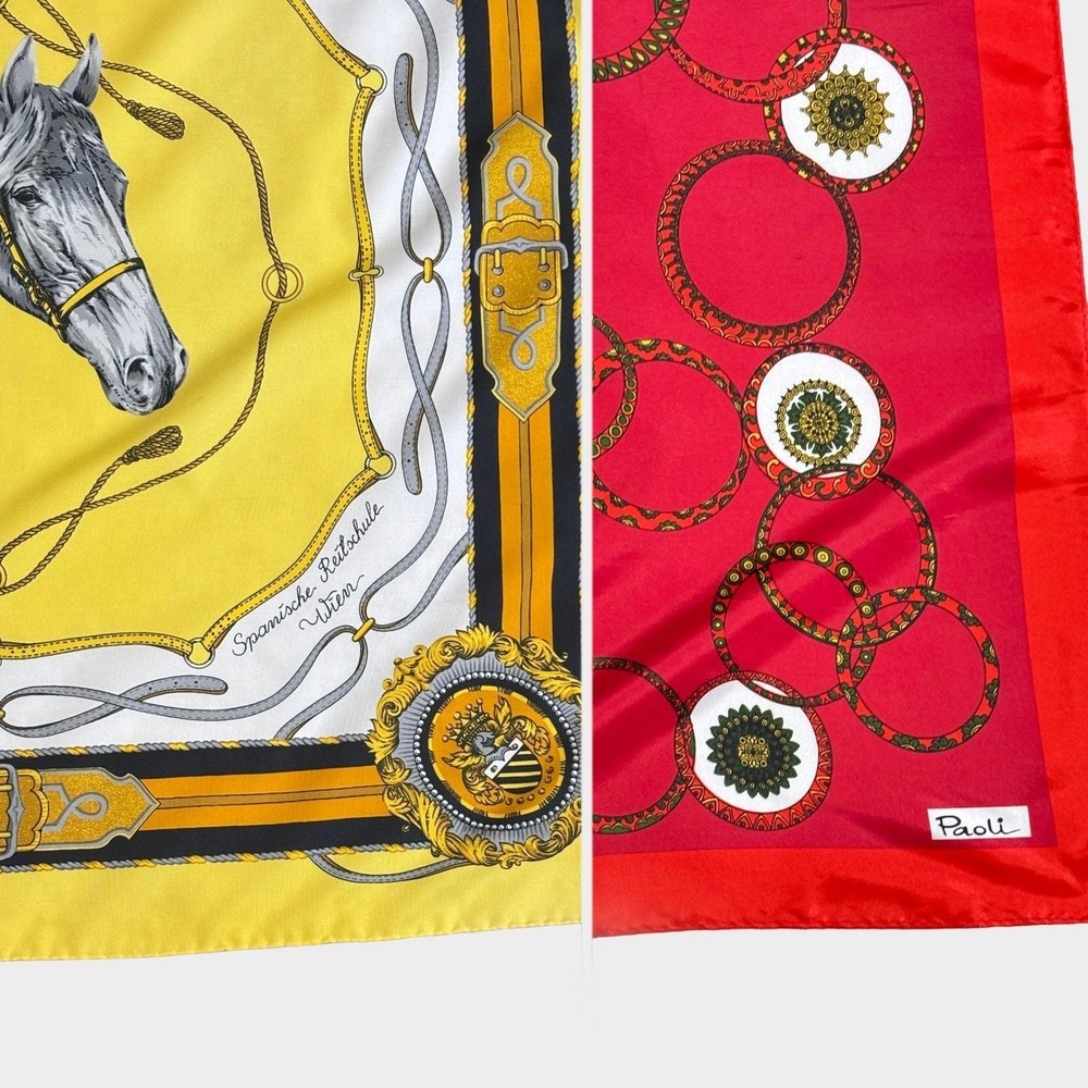 VTG Scarf Lot Satin Equestrian Themed Paoli Red Medallion & Vienna Horse Yellow